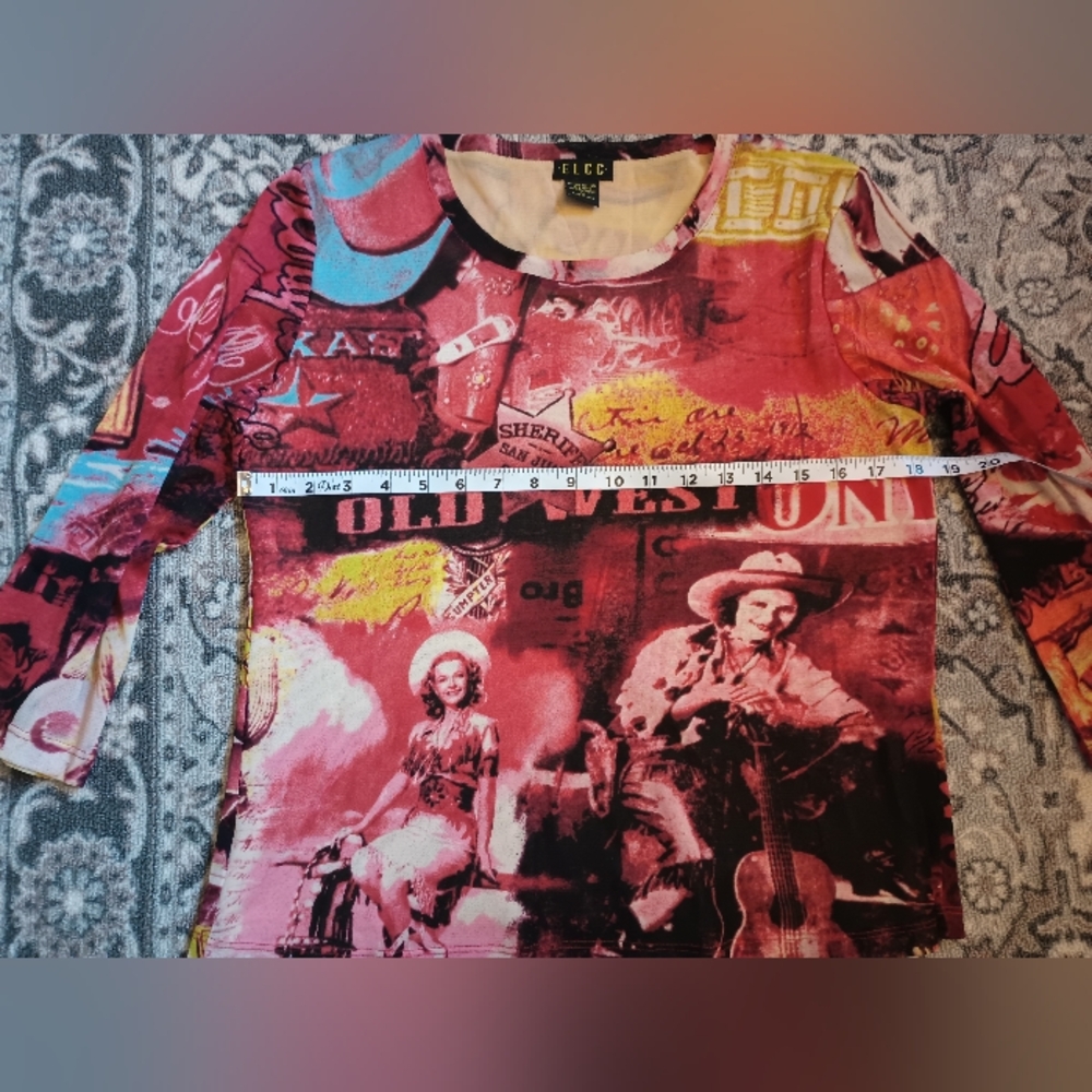 ELCC Y2K Western Graphic Mesh Top Womens Medium Red Fitted Edgy Retro - Picture 7 of 8